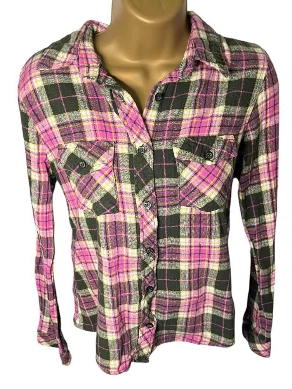 Miss Selfie Plaid Flannel Shirt Button Front Pocket Pink Green S
